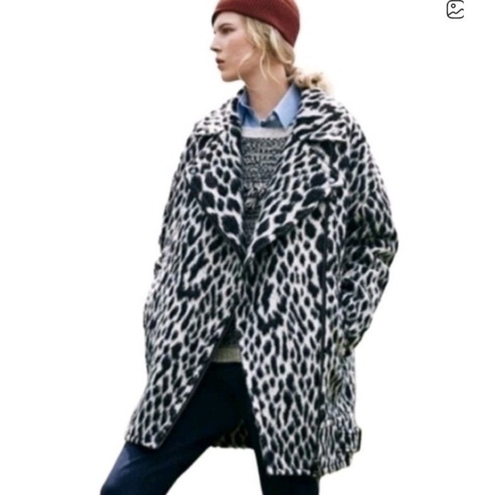 Banana Republic‎ Leopard Moto Coat Italian Fabric Wool Alpaca XL Black White